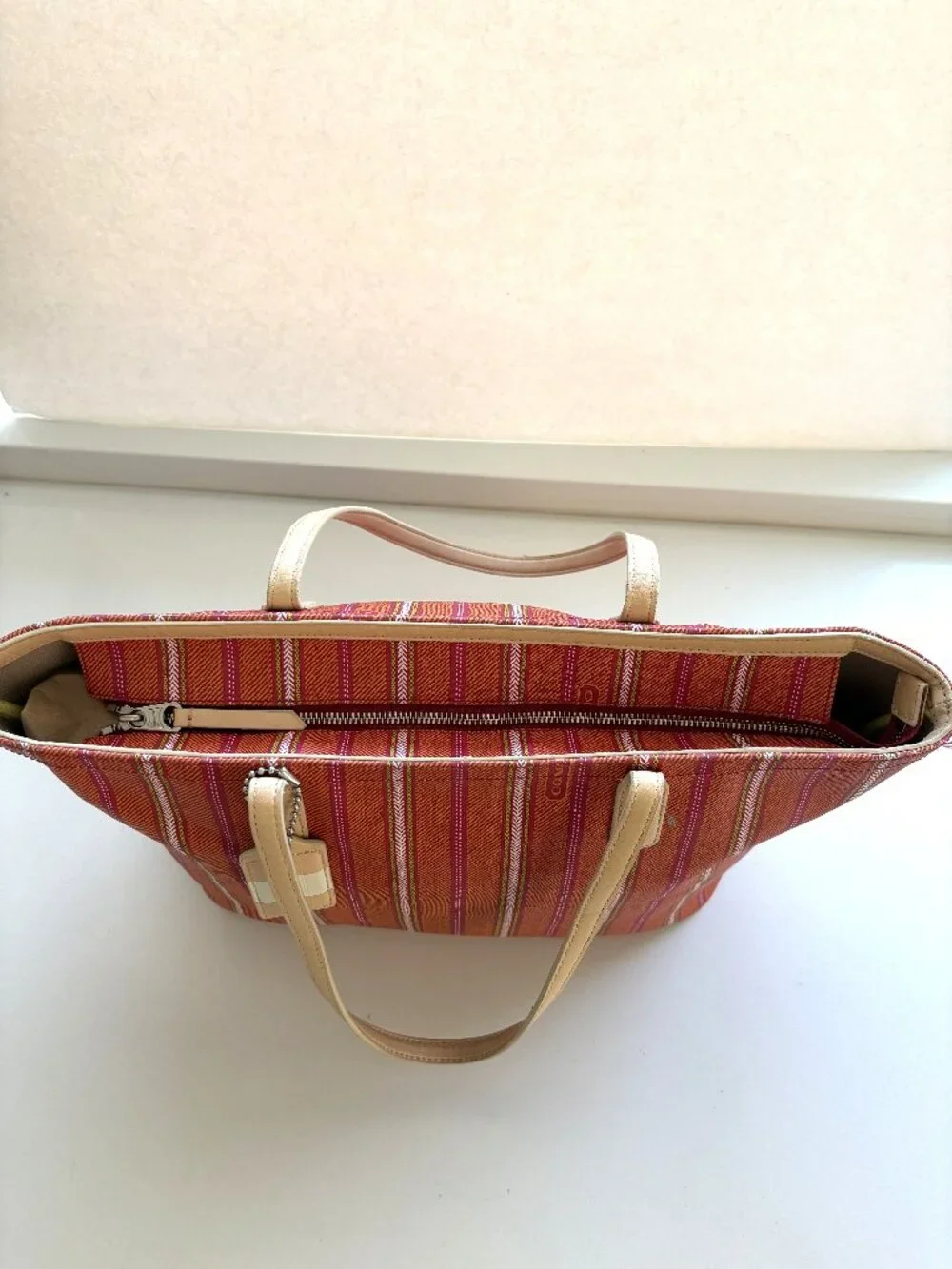 Coach Legacy Weekend Ticking PVC Tote Bag Handbag Pink Lime Orange Stripe 23108